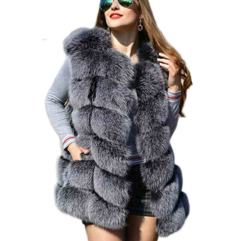 Chaleco de piel de zorro sintético mujer moda de invierno abrigos falsos cálidos medio largos