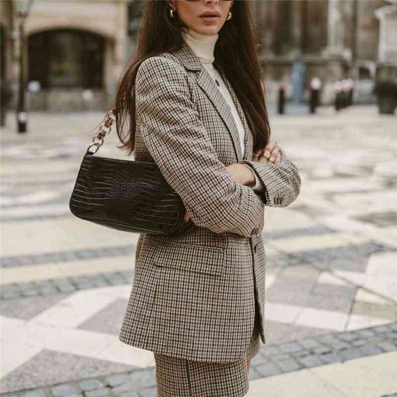 дамско карирано есенно, пола с висока талия офис дамско яке
