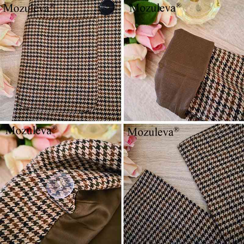 Plaid Women Work Blazer Jacket, Casual Double-breasted Sashes Suit