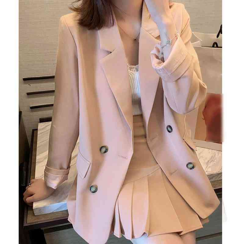 Spring Women Pink Office Blazer Top, Pleated Skirt Suits, Casual Work, Mini Sets