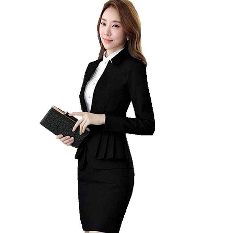 Woman Full Sleeve Ruffle Pleated Blazers Suit Skirt, Jacket