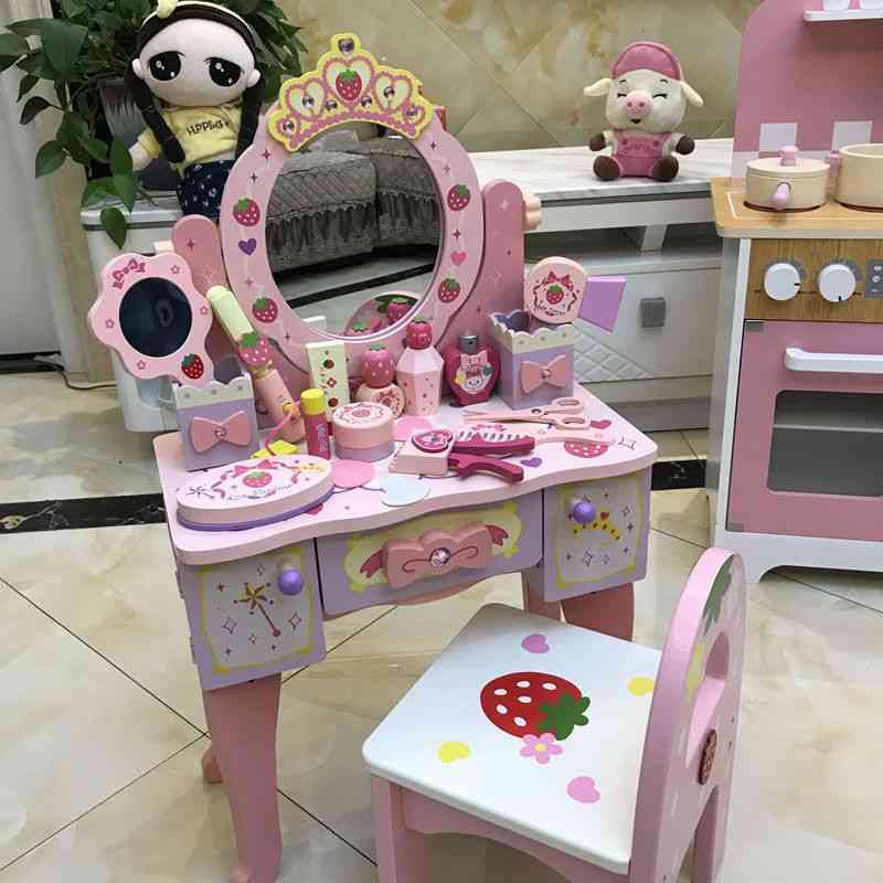 Houten dressoir speelgoed voor kinderen - roze imitatie make-up tafelsets