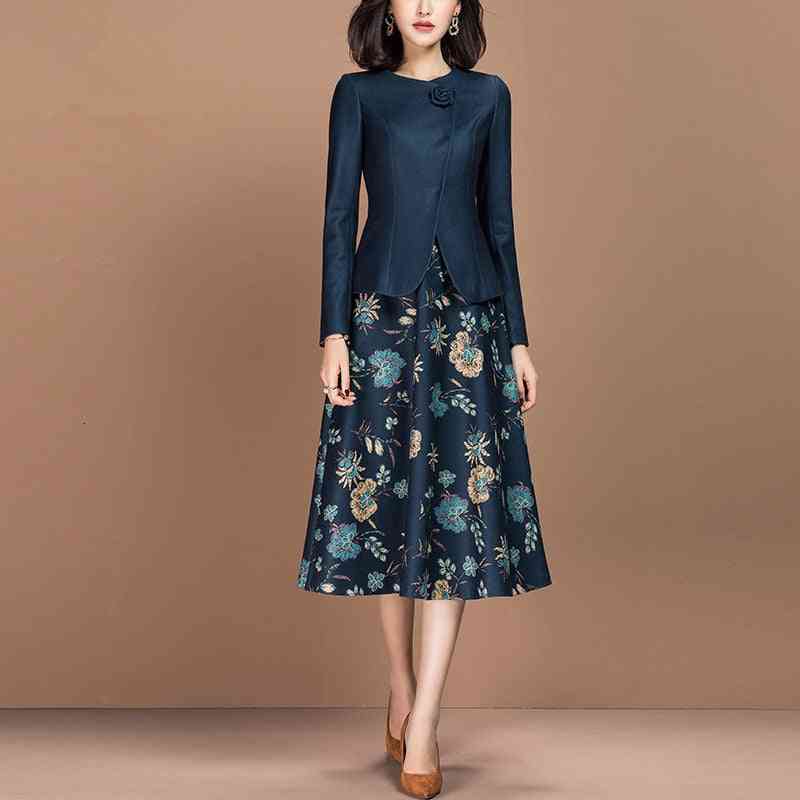 Women Formal Work Business Wear Slim Blazer & Knee Length Floral Dress Set
