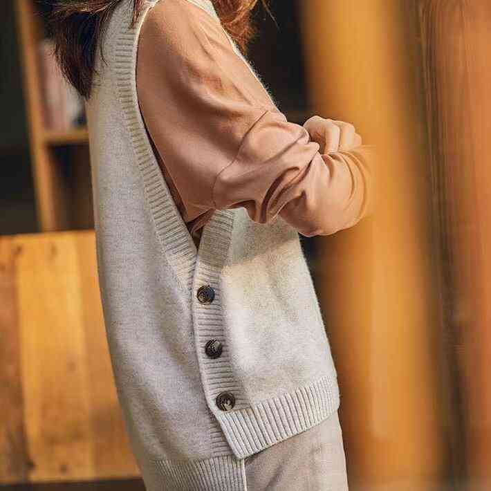Chaleco de punto con suéter de tres botones, cuello redondo sólido sin mangas para mujer