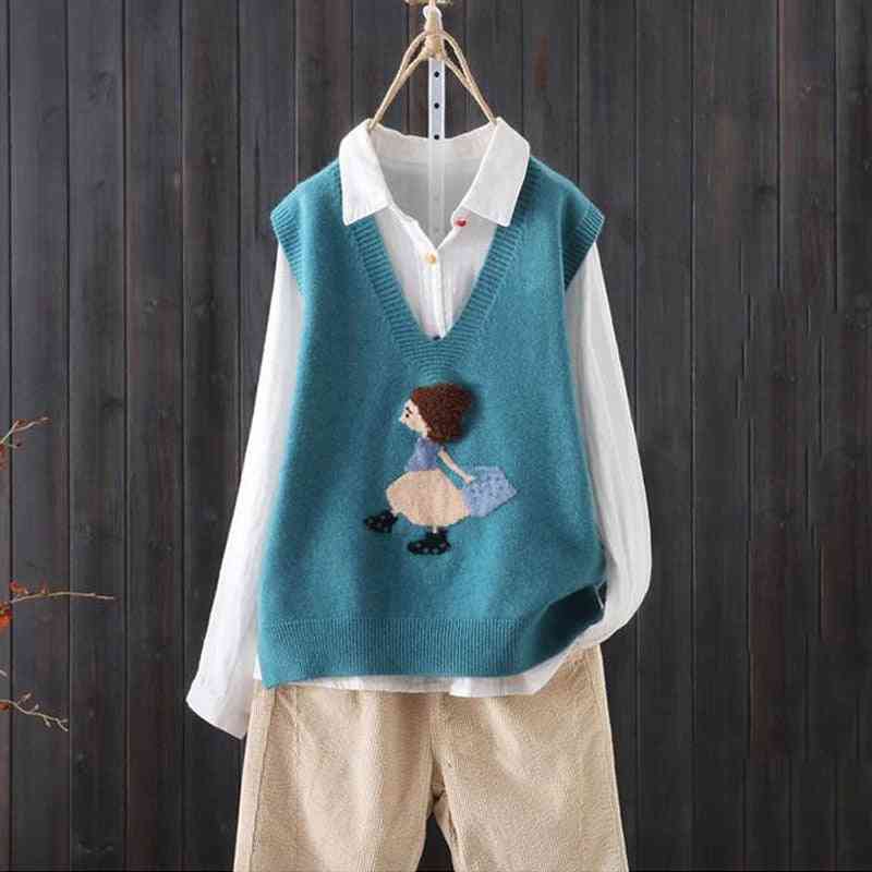 Female Embroidery Pattern, Sleeveless, Loose V-neck, Knitted Sweater Vest
