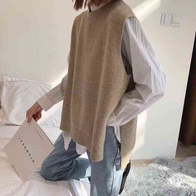 Gola redonda feminina, colete suéter sem mangas