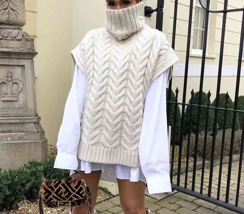 Oversized Twist Knitted, Turtleneck Sleeveless Women Vest Sweater