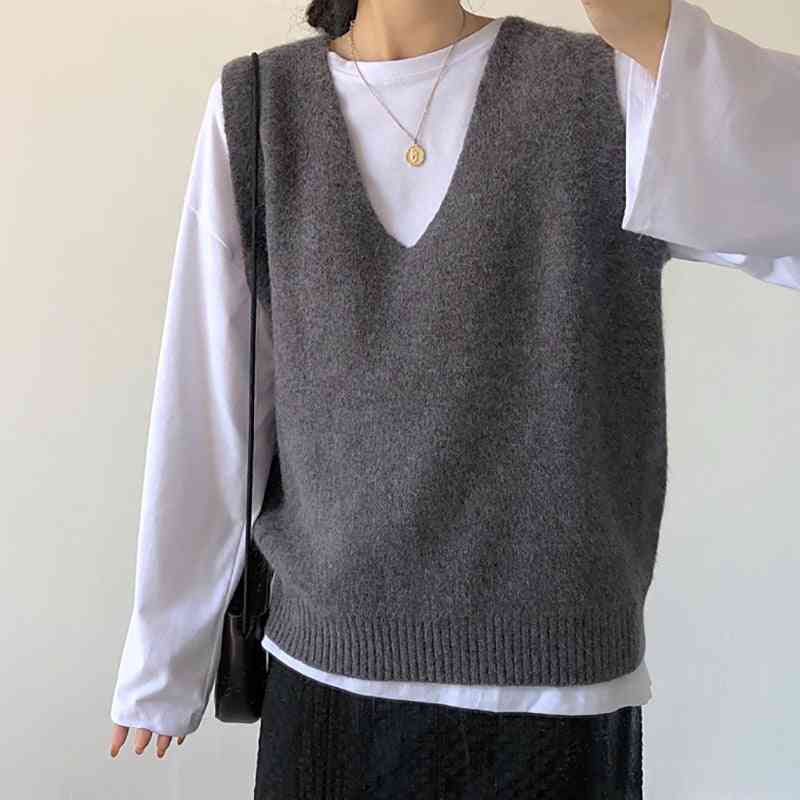 Solid Outerwe, V-neck And Sleeveless Knitted Vest