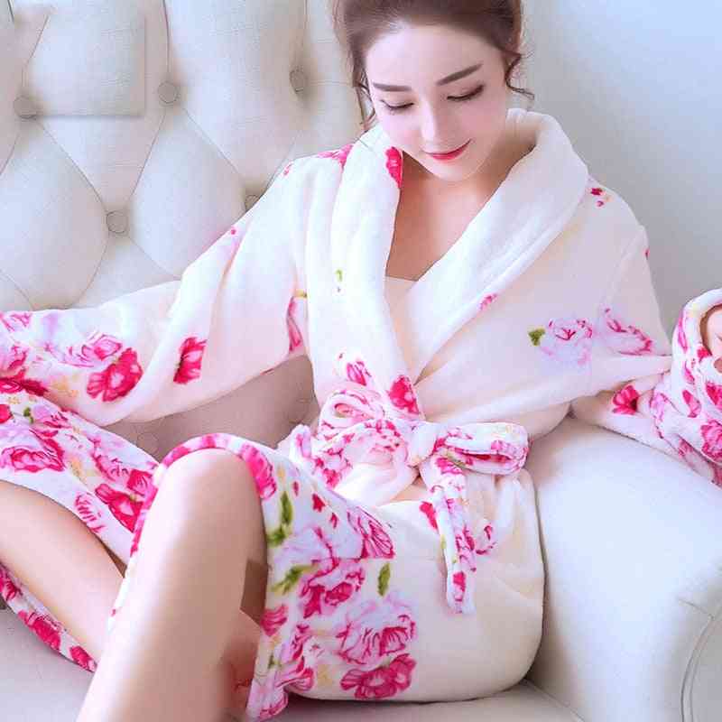 Women Winter Warm, Flower Flannel, Long Bathrobe Nightwear Clothes
