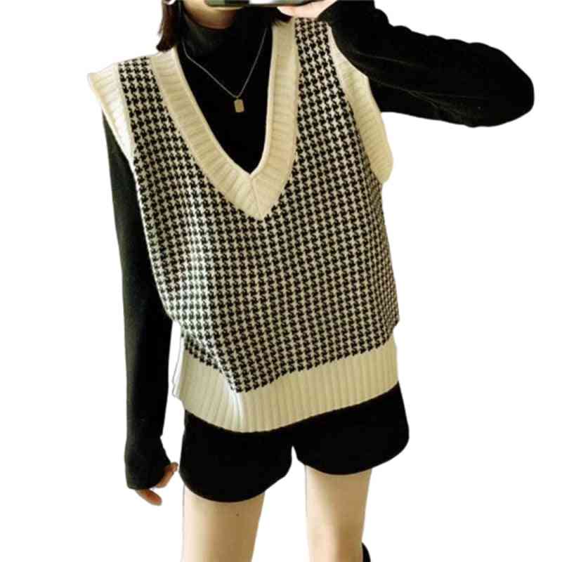 Winter Vintage- Plaid V-neck Sleeveless, Pullover Waistcoat, Jumper Top