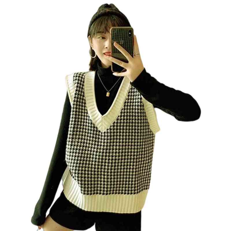 Hiver vintage-plaid v-cou sans manches, gilet pull, top pull