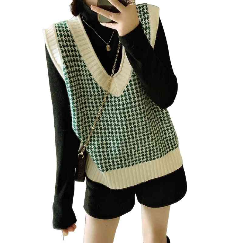 Hiver vintage-plaid v-cou sans manches, gilet pull, top pull