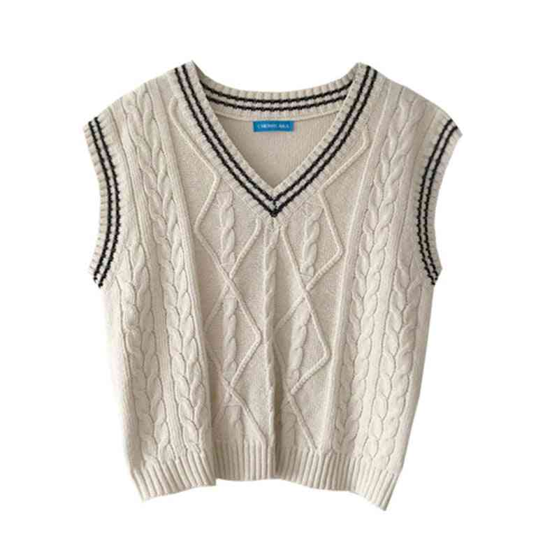 Preppy Style Patchwork, V-neck Vest, Knitted Sweaters's