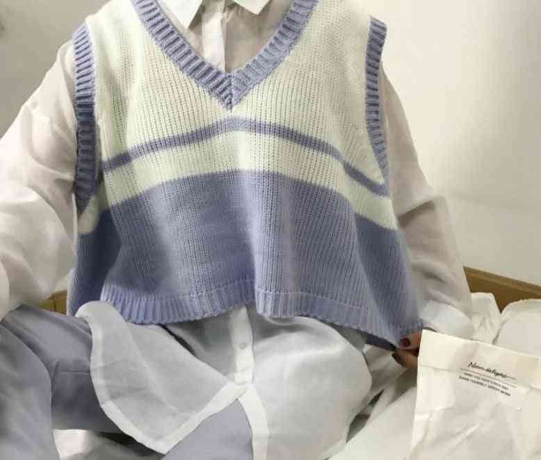 Korean Style, Stiped Pattern Preppy Sleeveless Sweaters