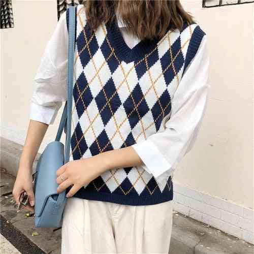 Women Vintage Geometric Style, V Neck Knitted Sweater Vest
