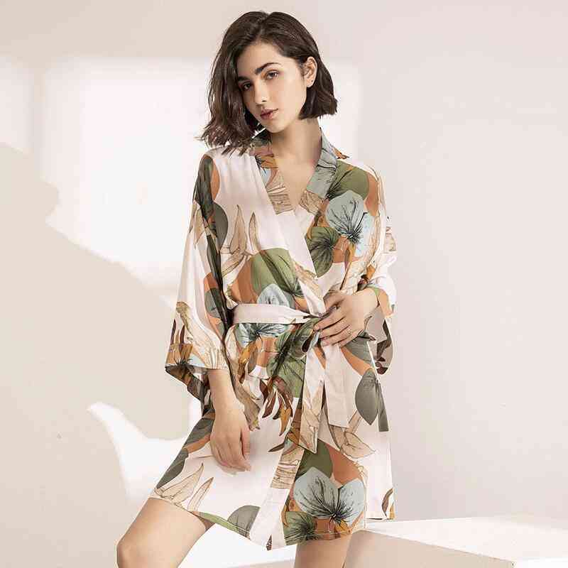 Women Silk Satin Thin Robe Comfort Floral Printed Sleepwear Nightgown