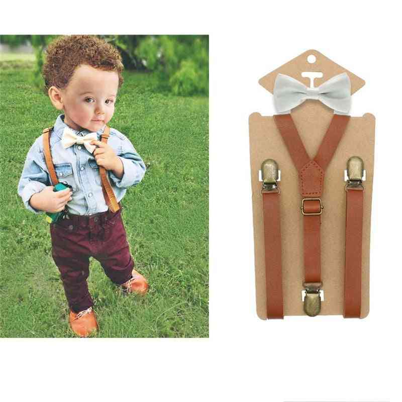 3 Clips Y-back Tan Leather Suspender And Ring Bearer Bow Tie Set