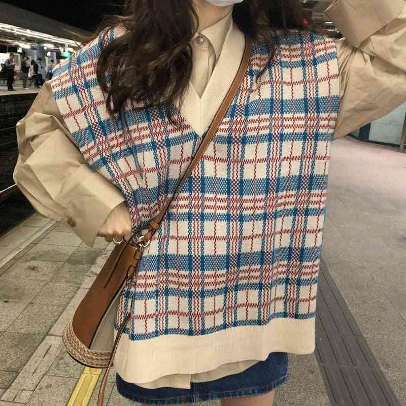 Kórejský štýl- kárované voľné vesty, oblečenie bez rukávov, svetre
