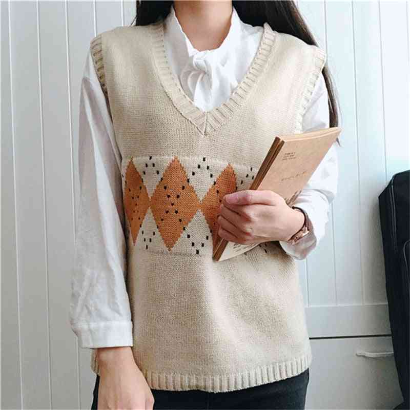 Kvinder sweater vest, vintage geometriske argyle v-hals ærmeløs pullovere trøjer