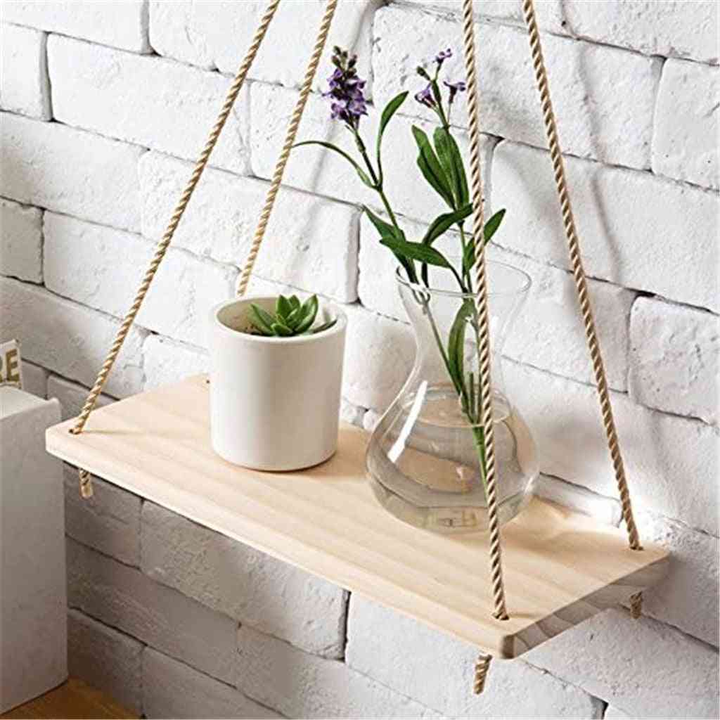 Wooden Swing Rope Wall Hanging Floating Shelves Plant Flower Pots Stand