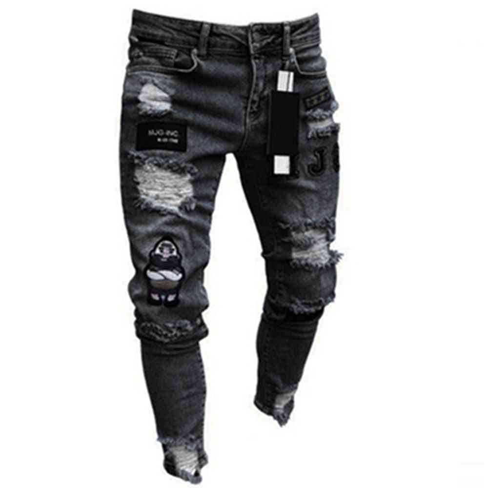 Jeans slim fit strappati elasticizzati da uomo, con stampa ricamo