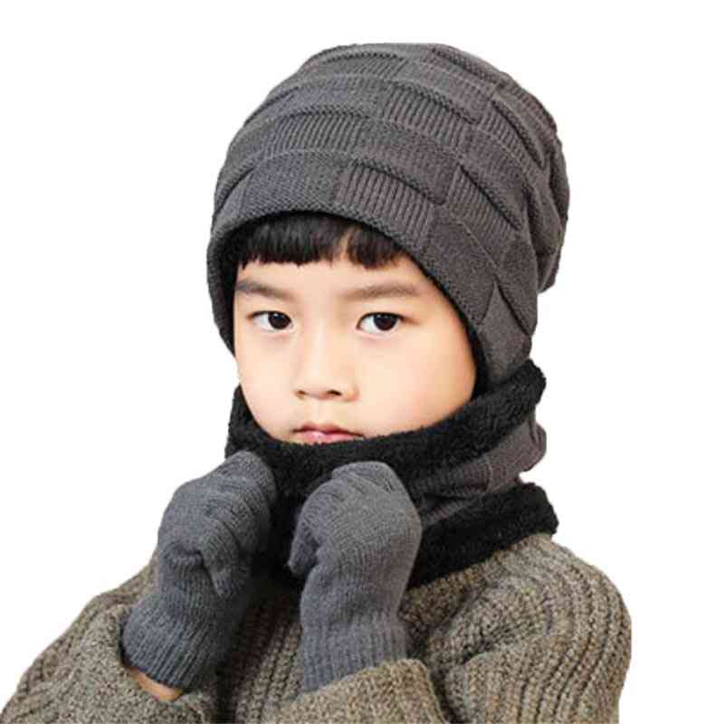 Winter Warm Knitted Plush Hat, Scarf, Gloves Set For Boy's