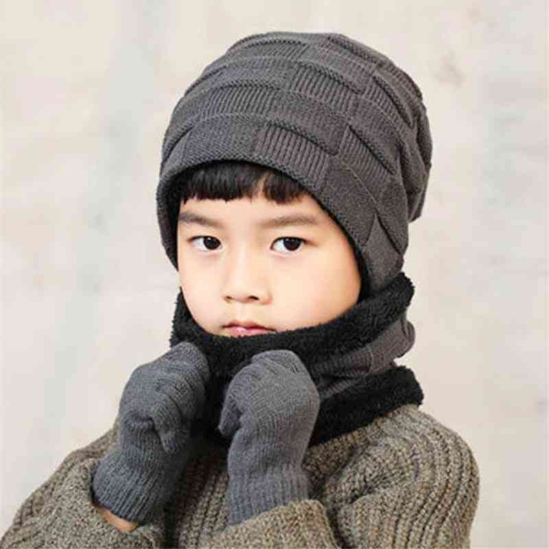 Gorro de pelúcia de malha quente de inverno, cachecol, conjunto de luvas para menino
