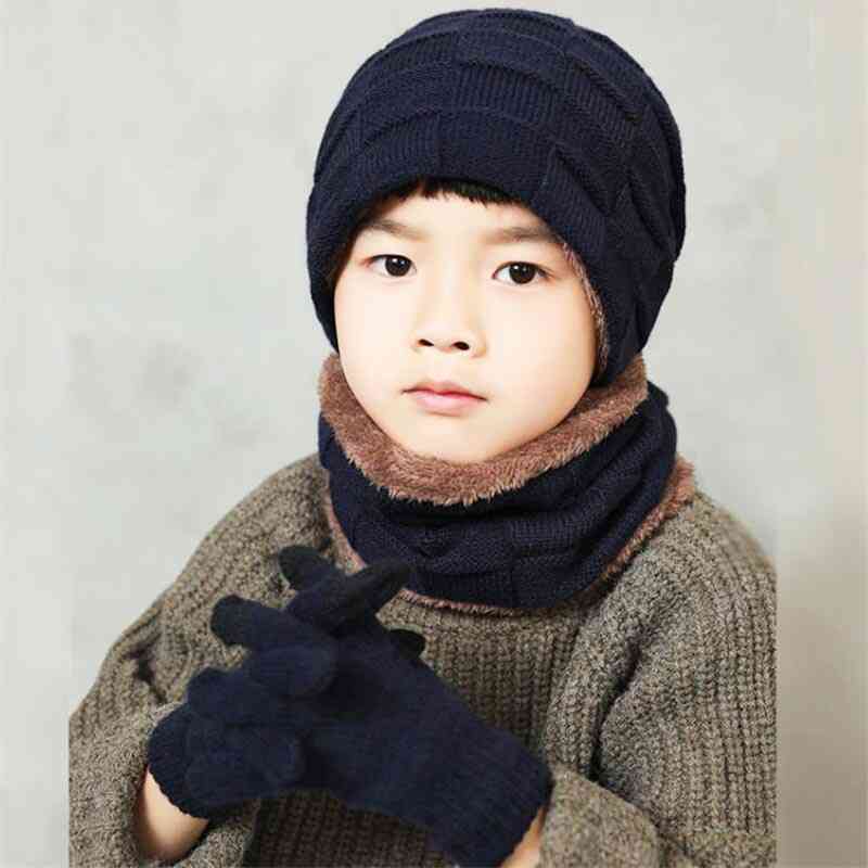 зимна топла плетена плюшена шапка, шал, ръкавици комплект за момче
