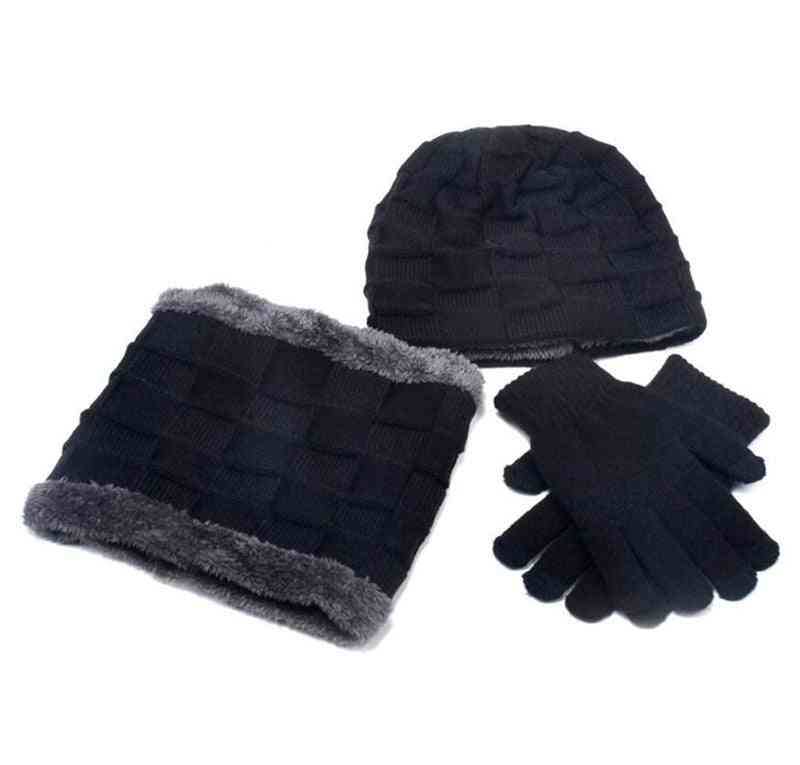 Gorro de pelúcia de malha quente de inverno, cachecol, conjunto de luvas para menino