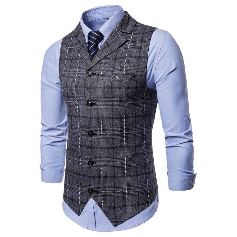 Mens Waistcoat Striped Plaid Formal Blazer Vests, Single Breasted V-neck