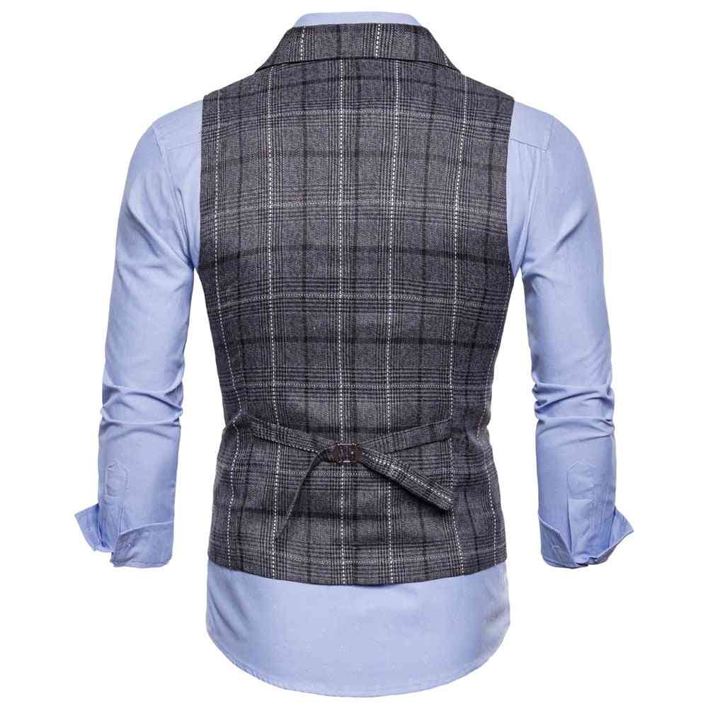 Mens Waistcoat Striped Plaid Formal Blazer Vests, Single Breasted V-neck