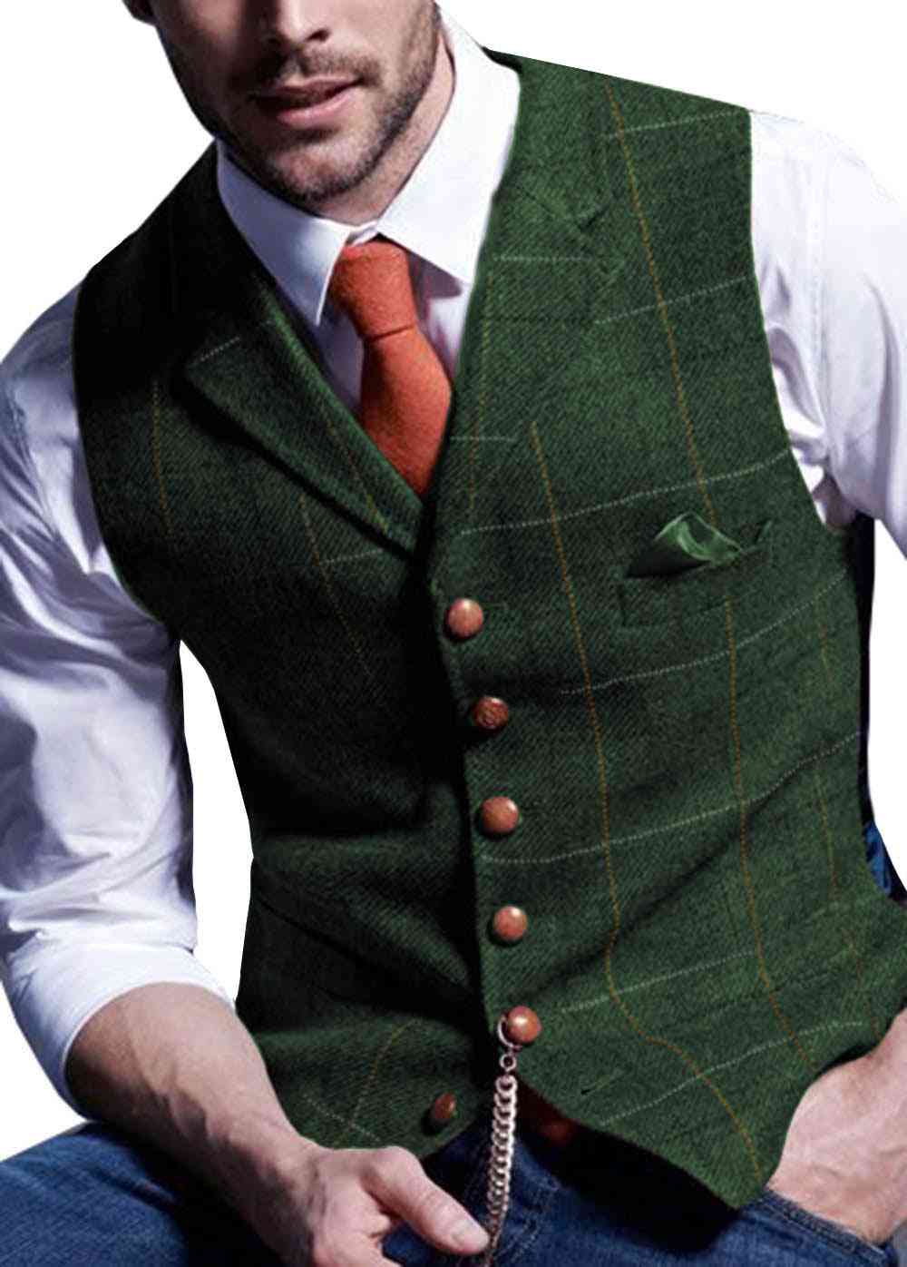 Mens Suit Vest, Notched Plaid Wool Herringbone, Tweed Waistcoat Casual, Formal Business