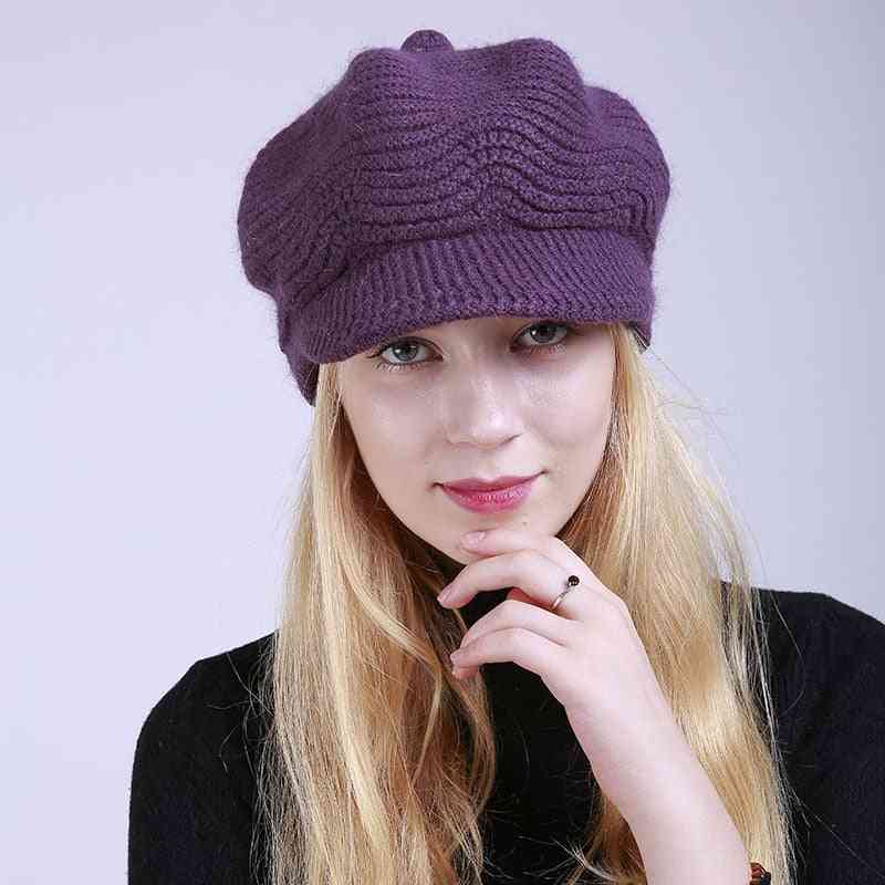 Merino Wool Winter Hats, Visor Beret Cold Weather Knitted Caps