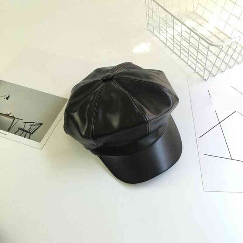 Pu läder vinter mode åttkantiga avslappnade vintage hattar newsboy mössa för kvinnor (svart)