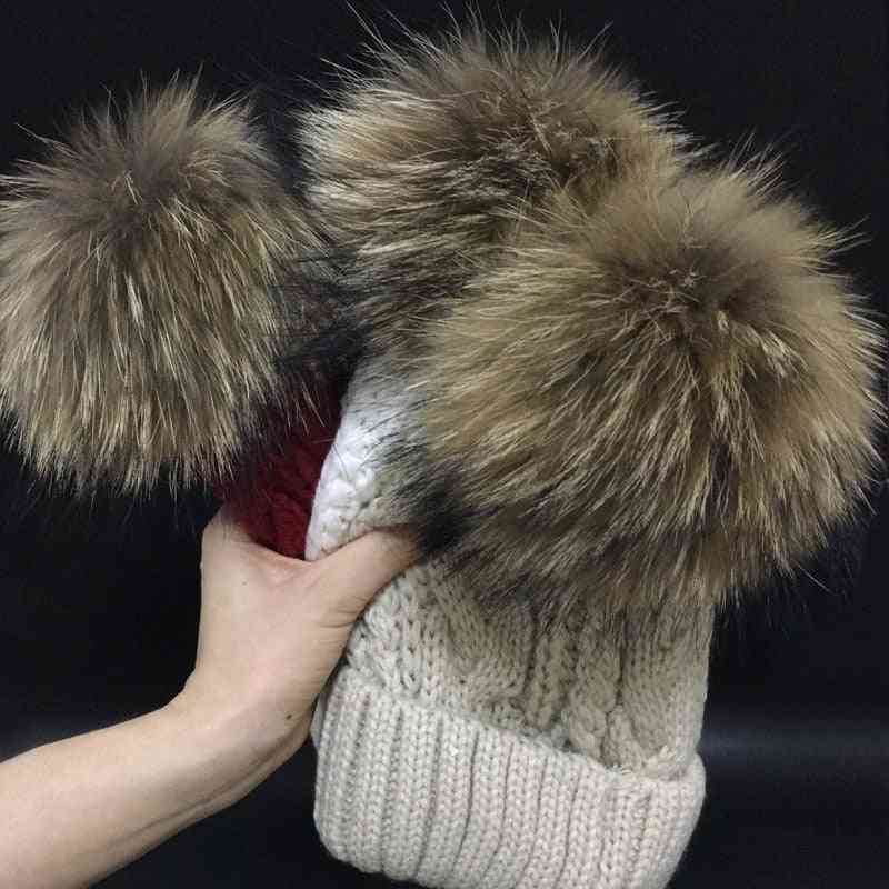 зимни топли шапки с помпон с козина от миеща мечка