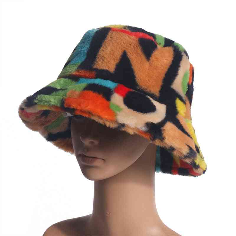 Multicolor curcubeu faux blană scrisoare model găleată iarnă pălării calde