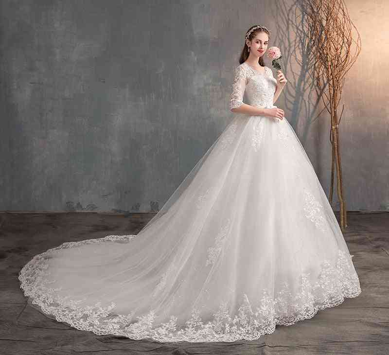 V-neck Half Sleeve Dresses Long Lace Embroidery Train Bridal Gown