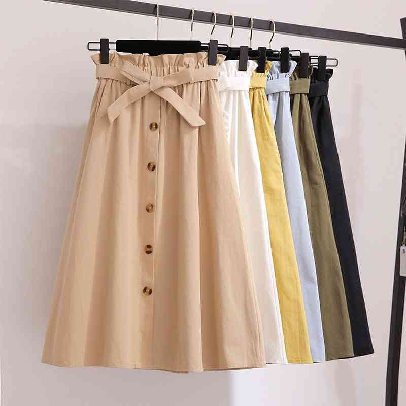 Women Single Buckled Bow Solid Cotton Skirt, Slim Retro Belt Pocket Knee Length