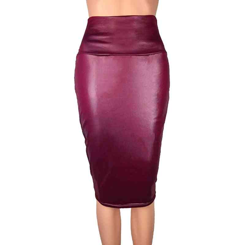 PU midi nederdel med høj talje og ryg split