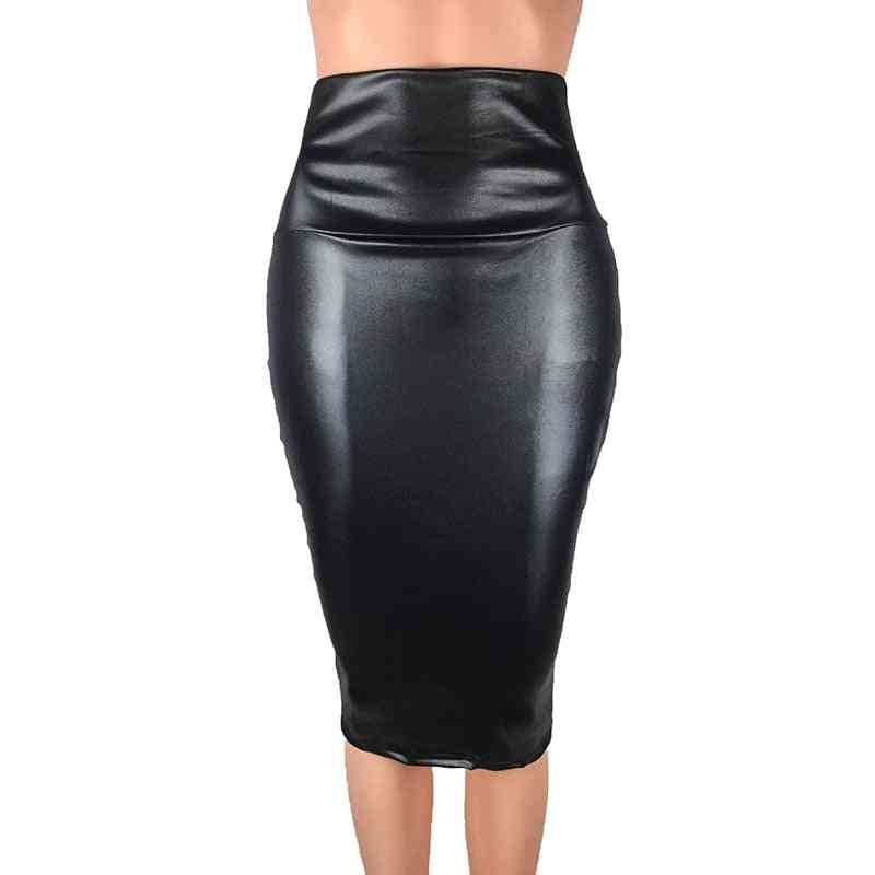 Pu Leather High Waist Midi Skirt With Back Split