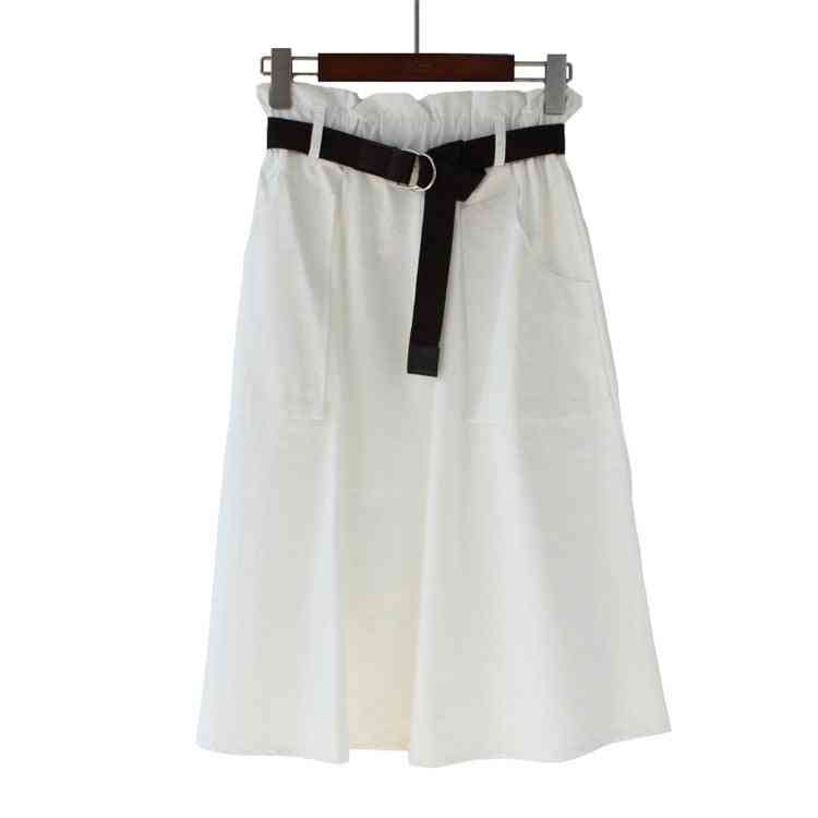 Algodón de verano, falda de cintura alta con cinturón y bolsillo.