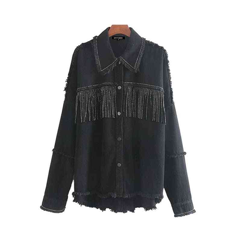 Fashion Oversized Frayed With Fringe Denim Jacket Coat, Vintage Tassel Outerwear Tops