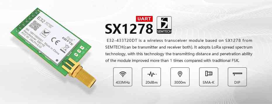 Lungo raggio uart sx1278 433 mhz 100 mw sma, antenna iot uhf e32-433t20dt, modulo ricetrasmettitore wireless