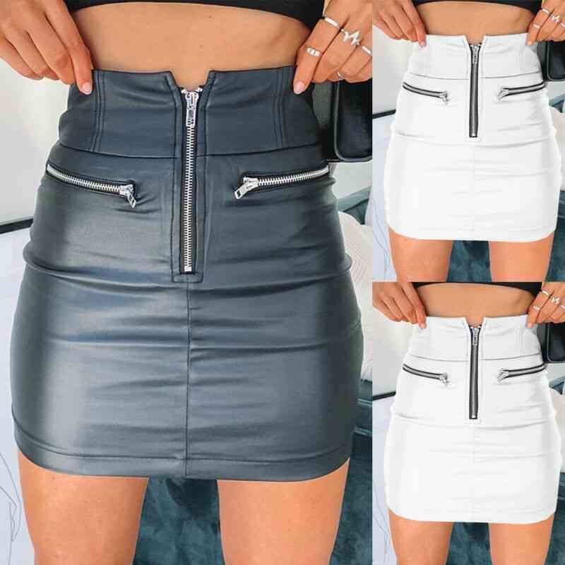 Women Pu Leather Zipper Skirt, High Waist Pencil Bodycon Short Skirts
