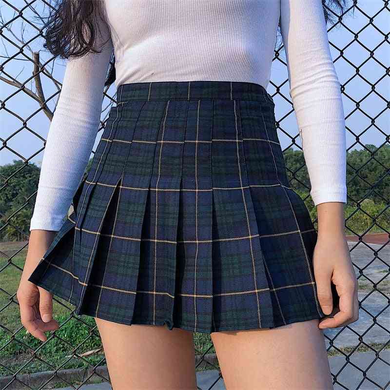 Tartan Women Skirt, Plaid Pleated Mini Dance Side Button High Waist Skirts