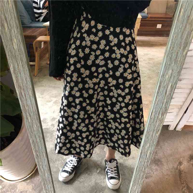 Vintage Floral Print Ruffle Pleated Long Skirts