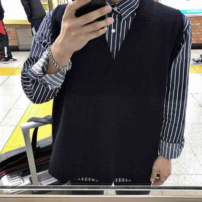 V-neck, Sleeveless Solid Simple, Knitted Sweater Vest Men