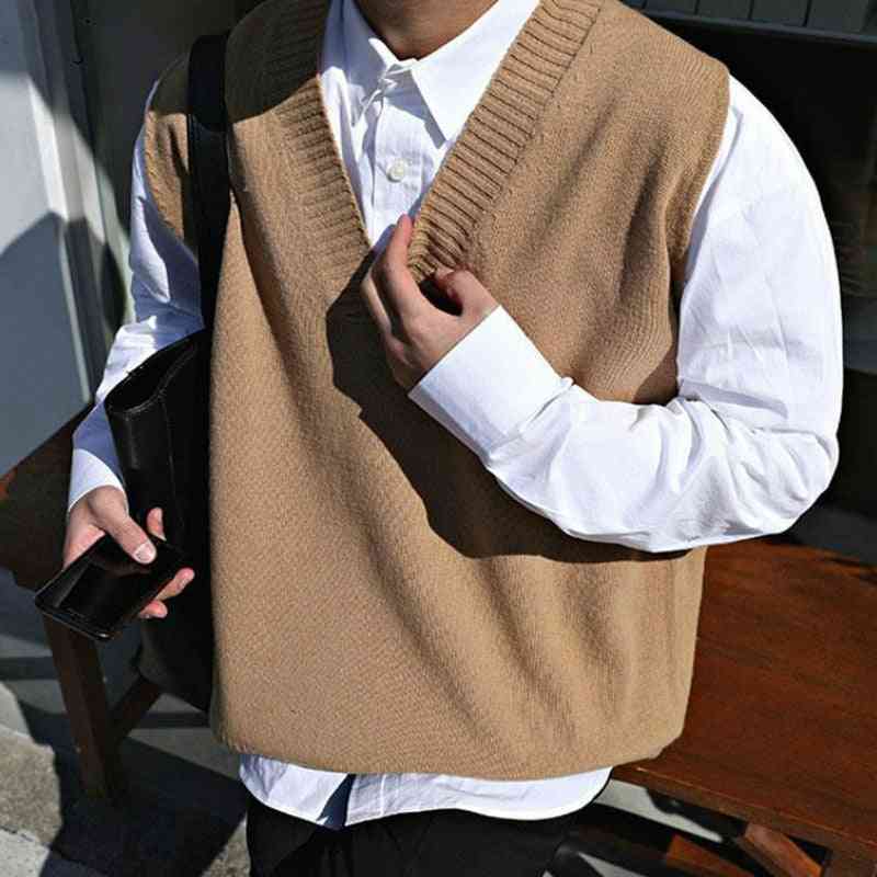 V-neck, Sleeveless Solid Simple, Knitted Sweater Vest Men