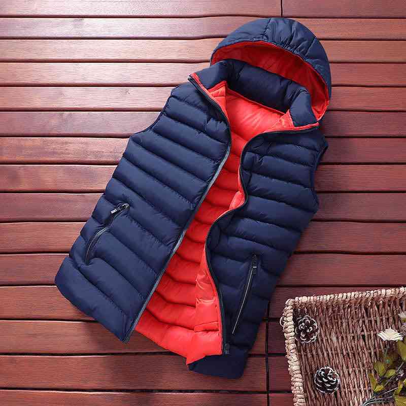 Mens Winter Sleeveless Jacket, Down Vest, Warm Thick Hooded Coats