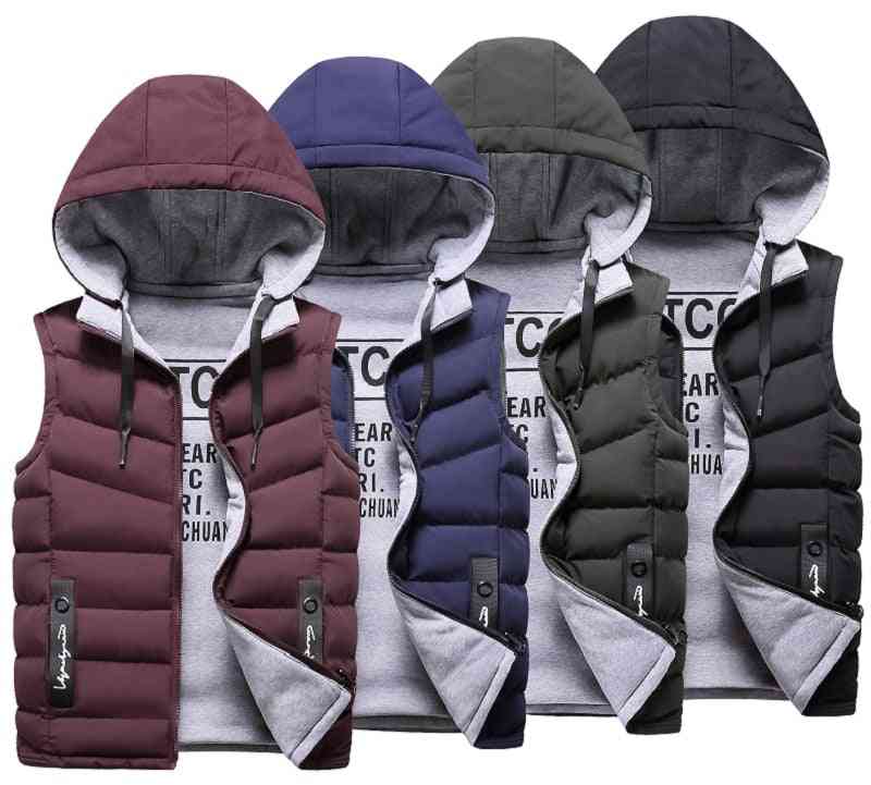 Mens Winter Down Vest, Casual Waistcoat Sleeveless Jackets, Hooded Worn On Both Sides Hat, Detachable Top